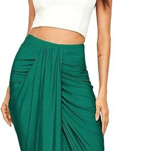 Emerald green asymmetrical, high waist, elastic, draped maxi skirt.